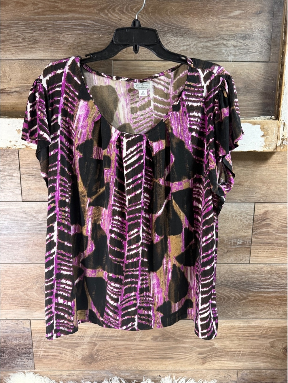Worthington 3X Purple Black Abstract Print Flutter Sleeve Stretch Blouse